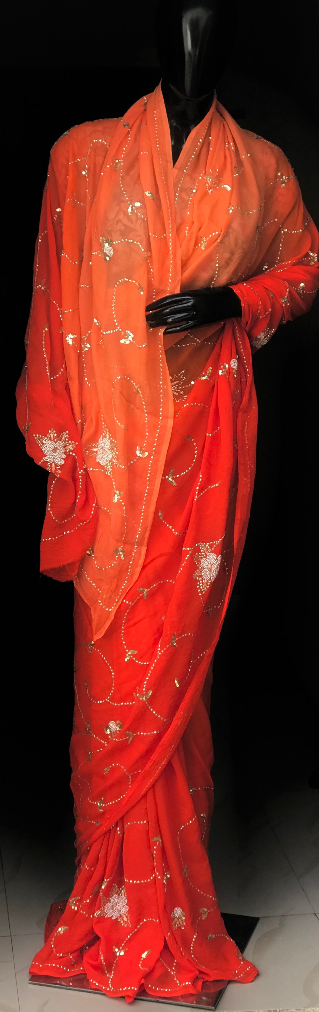 Orange Shaded Pearl sequins Jaal Miraya Chiffon Sarees