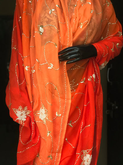 Orange Shaded Pearl sequins Jaal Miraya Chiffon Sarees