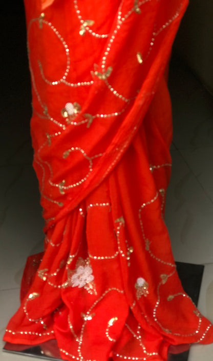 Orange Shaded Pearl sequins Jaal Miraya Chiffon Sarees