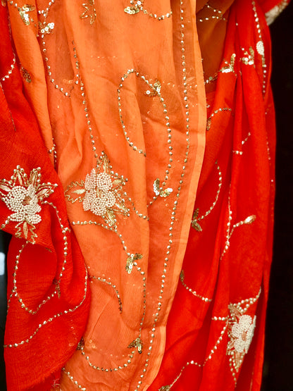 Orange Shaded Pearl sequins Jaal Miraya Chiffon Sarees