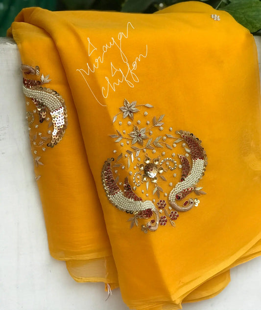 Yellow Peacock motifs Miraya Sarees