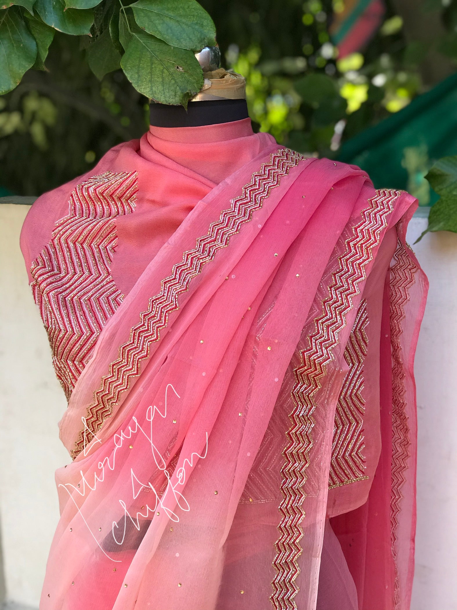 Peach Cutdana Thread Border Miraya Chiffon Sarees