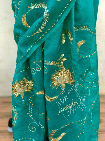 Teal Blue Shaded Sequins Jaal Miraya Chiffon Sarees