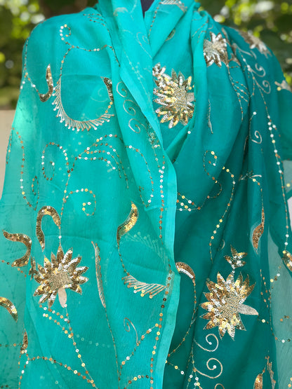 Teal Blue Shaded Sequins Jaal Miraya Chiffon Sarees