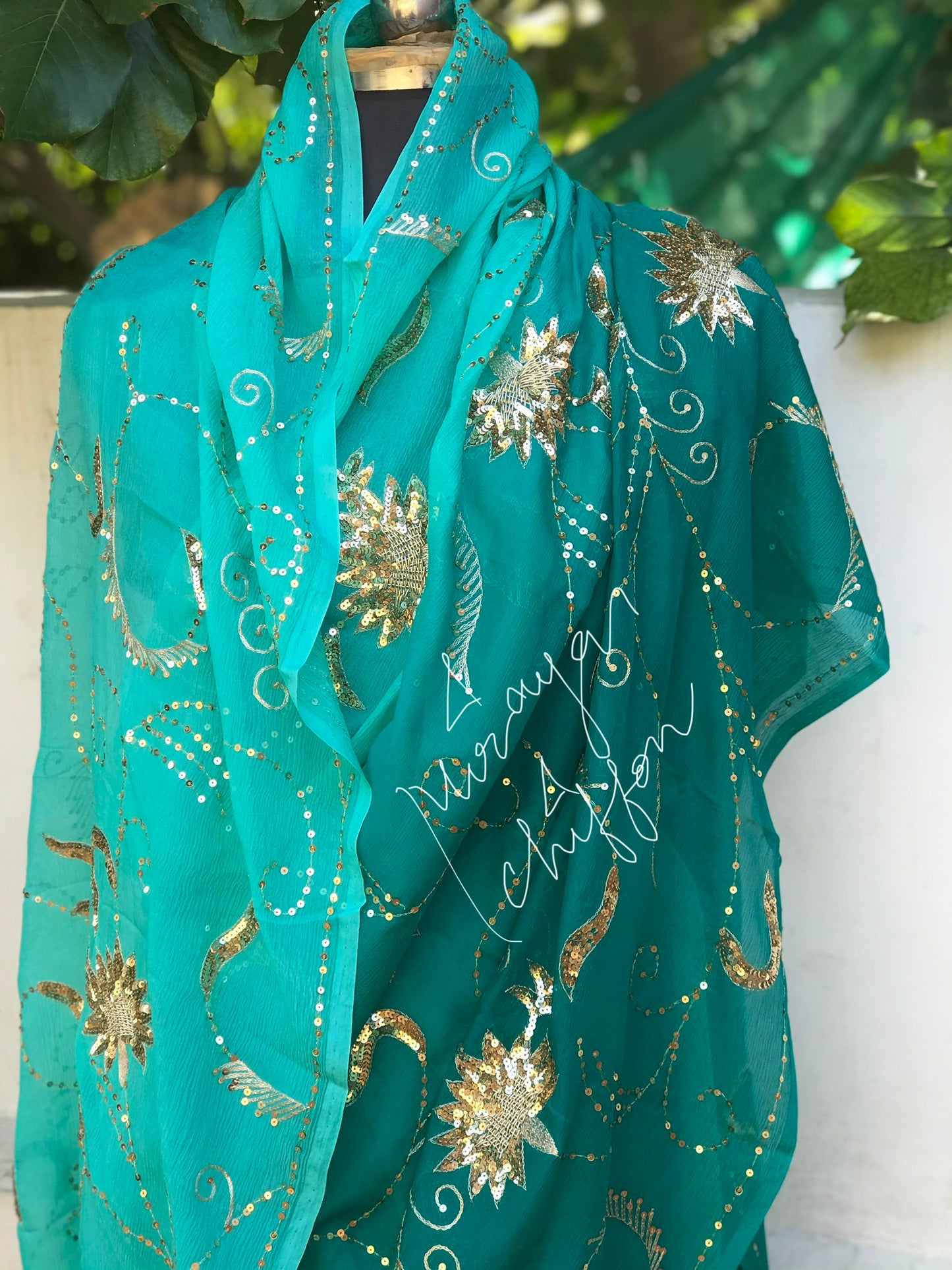 Teal Blue Shaded Sequins Jaal Miraya Chiffon Sarees