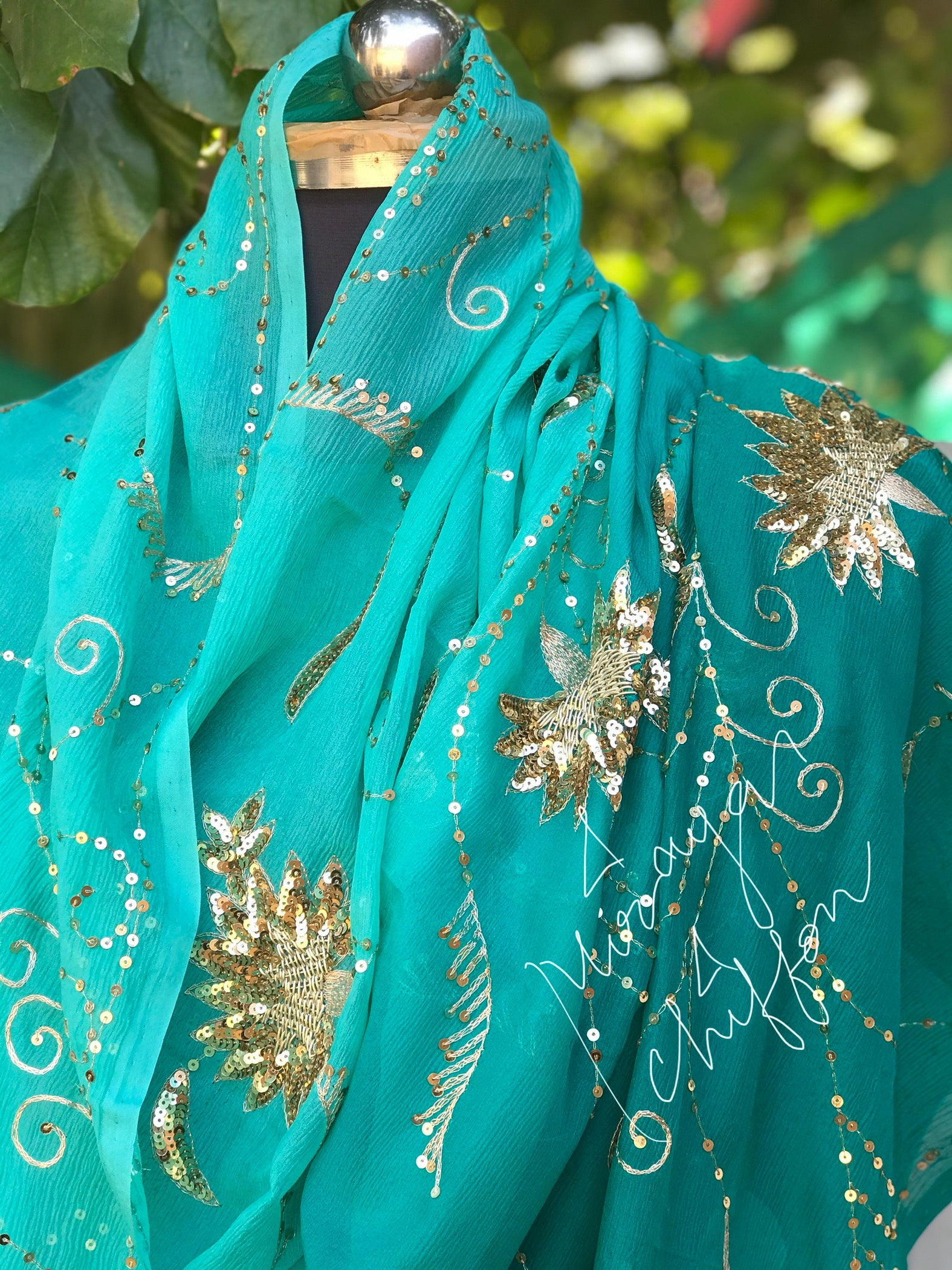 Teal Blue Shaded Sequins Jaal Miraya Chiffon Sarees