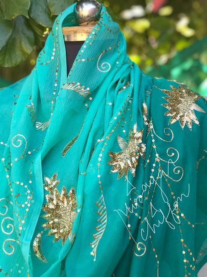 Teal Blue Shaded Sequins Jaal Miraya Chiffon Sarees