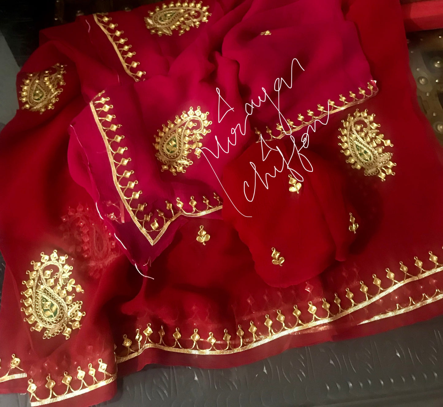 Red Shaded Danka Kerry Border Miraya Chiffon Sarees