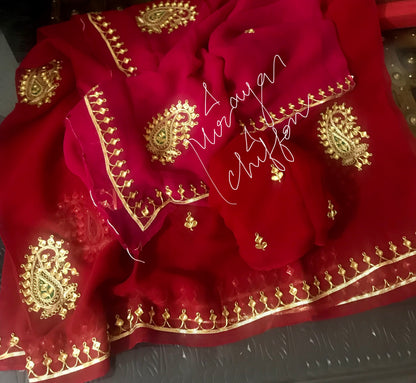 Red Shaded Danka Kerry Border Miraya Chiffon Sarees