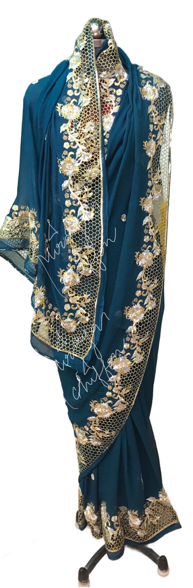 Teal Blue Cutwork Border Miraya Chiffon Sarees