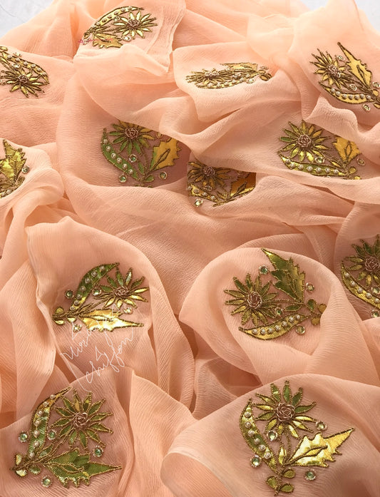 Peach Laffa Cutting Zardogi Motifs Miraya Chiffon Sarees