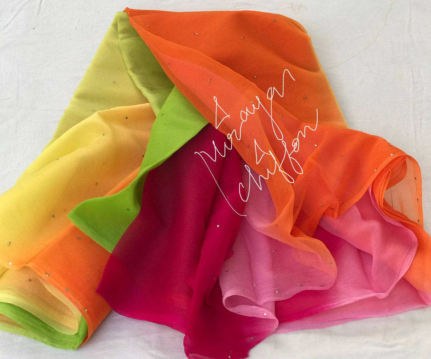 Yellow Green Pink Magenta Ombre Dyed Miraya Chiffon Sarees