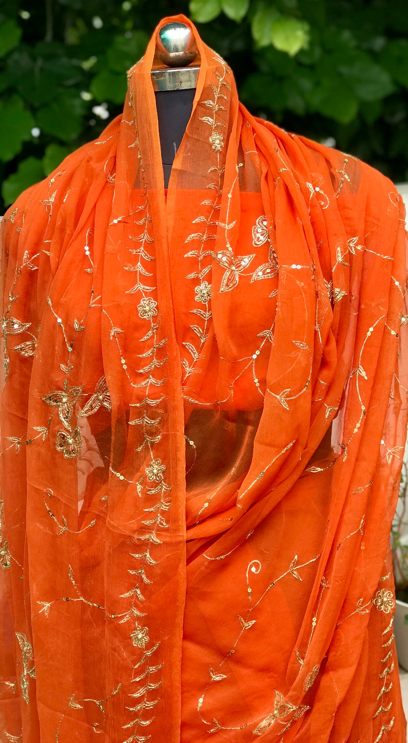 Orange Aari Cutdana sequin Jaal Miraya Chiffon Sarees