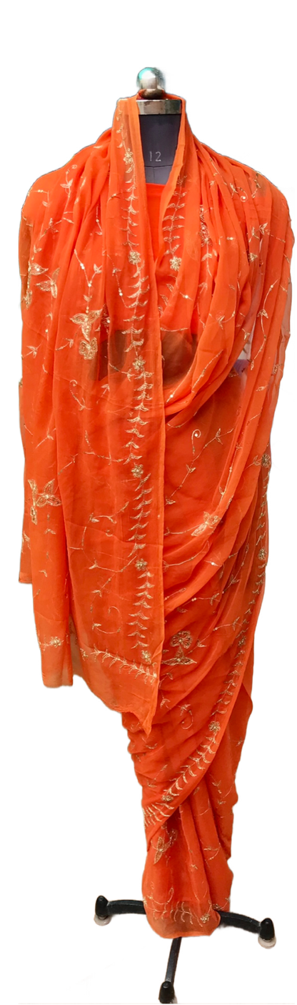 Orange Aari Cutdana sequin Jaal Miraya Chiffon Sarees