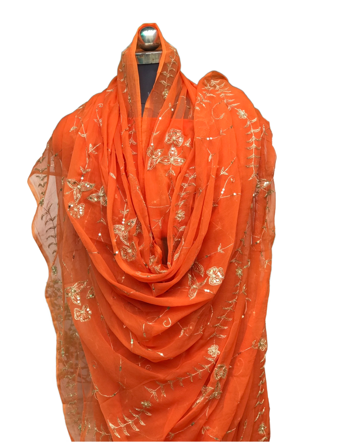 Orange Aari Cutdana sequin Jaal Miraya Chiffon Sarees