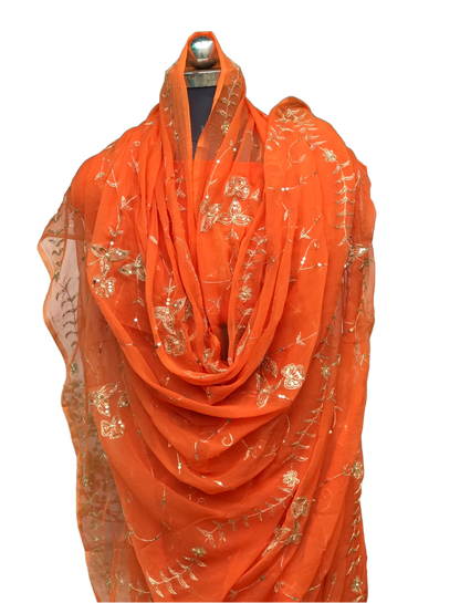 Orange Aari Cutdana sequin Jaal Miraya Chiffon Sarees