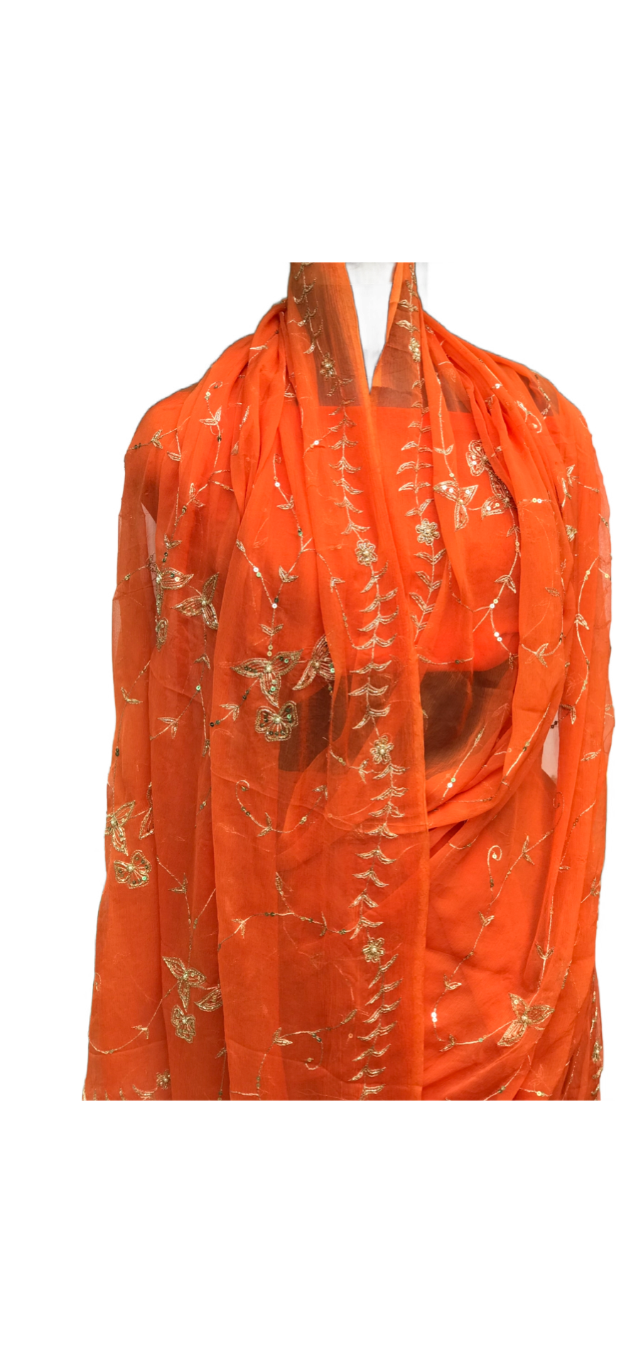 Orange Aari Cutdana sequin Jaal Miraya Chiffon Sarees