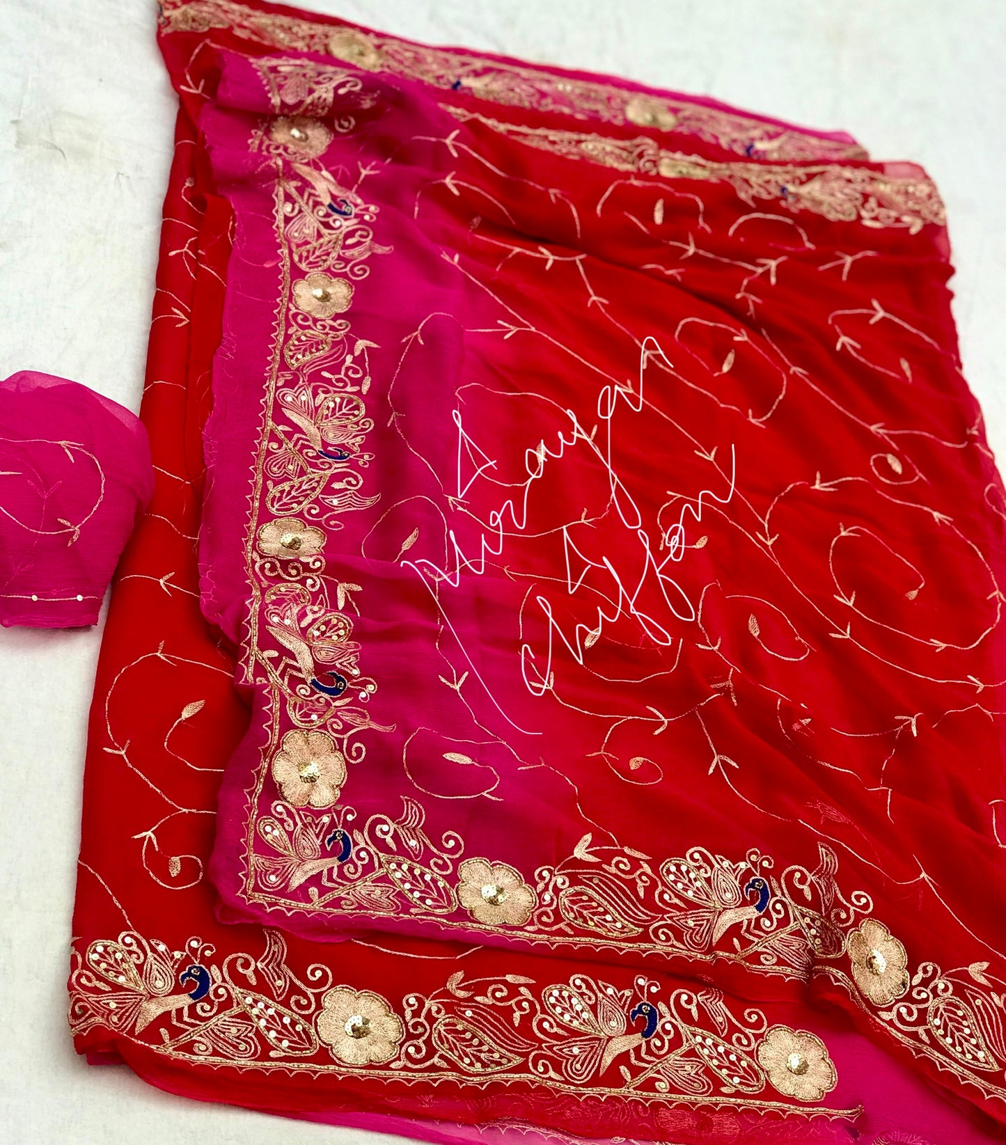 Red Shaded Peacock Aari Border With Jaal Miraya Chiffon Sarees