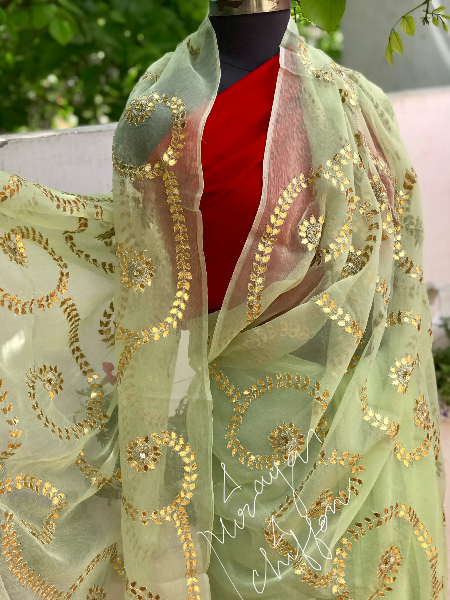 Olive Green Gottapati Jaal Miraya Chiffon Sarees