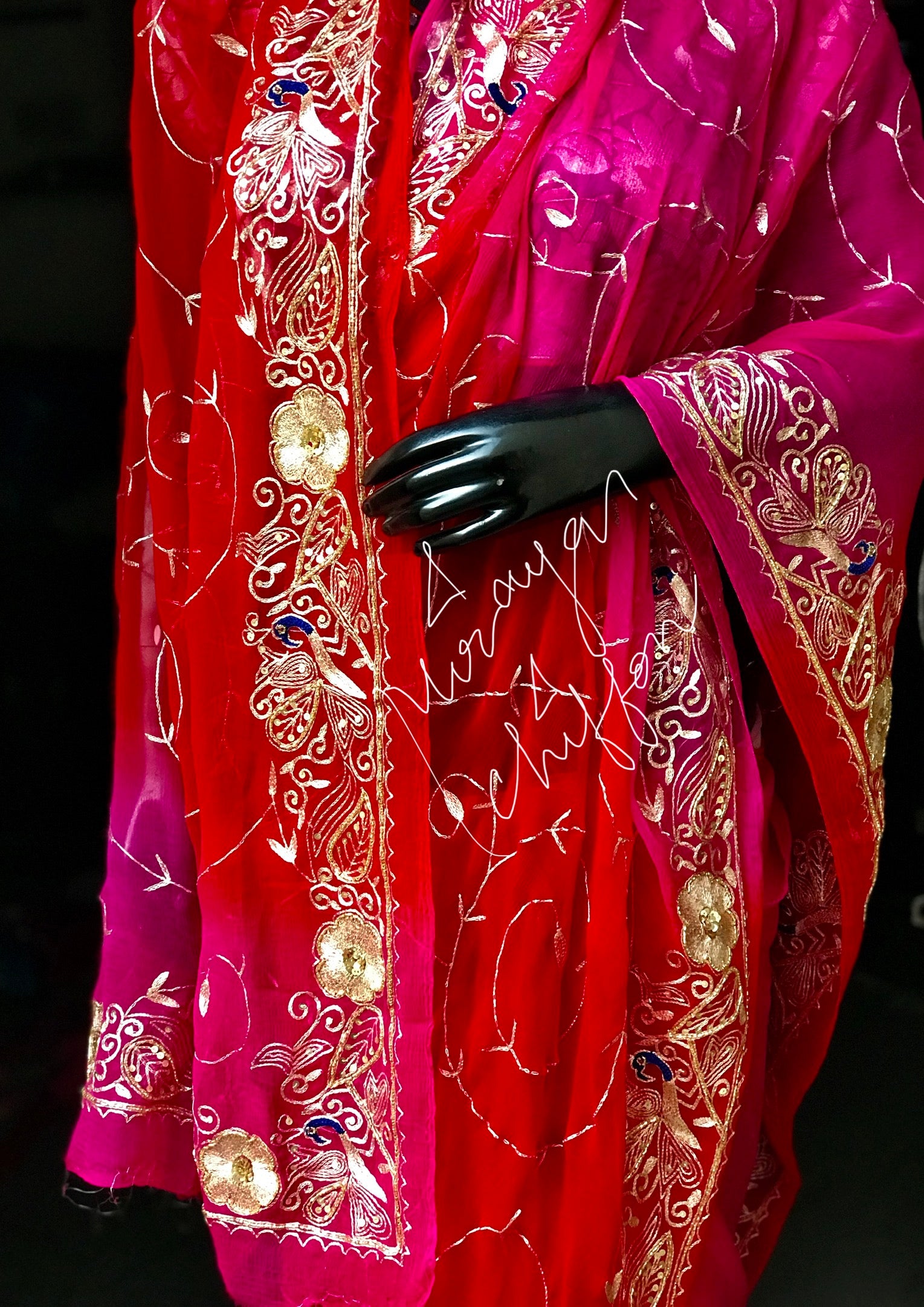 Red Shaded Peacock Aari Border With Jaal Miraya Chiffon Sarees