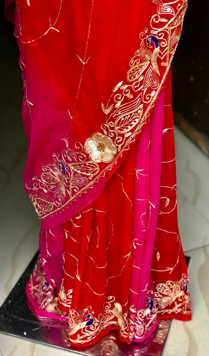 Red Shaded Peacock Aari Border With Jaal Miraya Chiffon Sarees