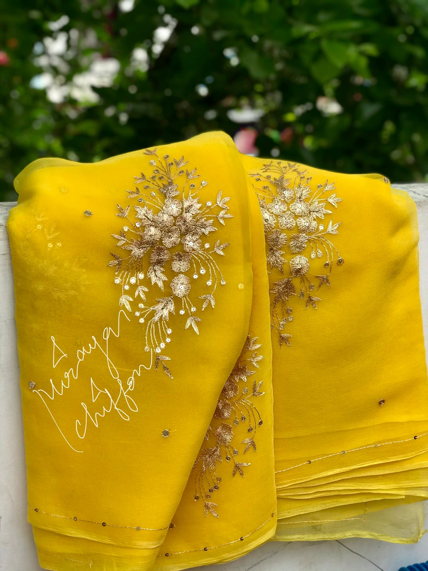 Yellow Aari Motifs Miraya Chiffon Sarees