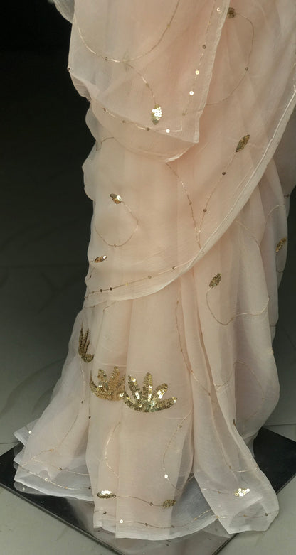 Light Peach Aari Sequins jaal Miraya Chiffon Sarees