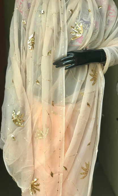 Light Peach Aari Sequins jaal Miraya Chiffon Sarees