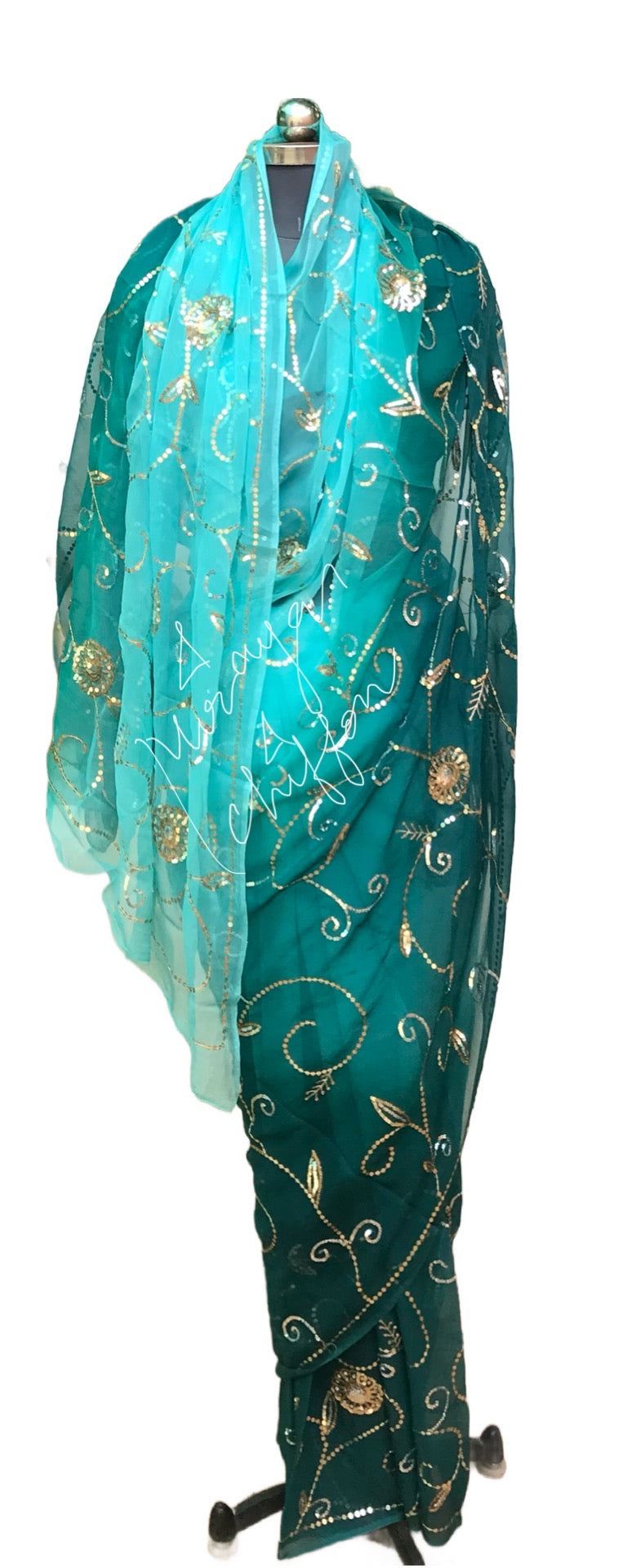 Teal Blue Shaded Jaal Miraya Chiffon Sarees