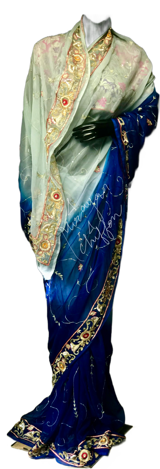 Blue Shaded Aari Zardoji Border Jaal Miraya Chiffon Sarees