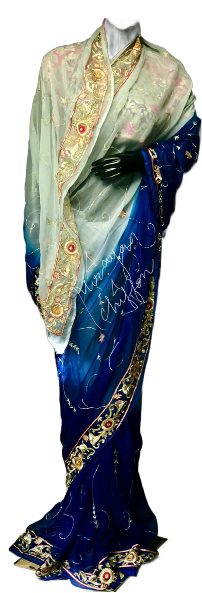 Blue Shaded Aari Zardoji Border Jaal Miraya Chiffon Sarees