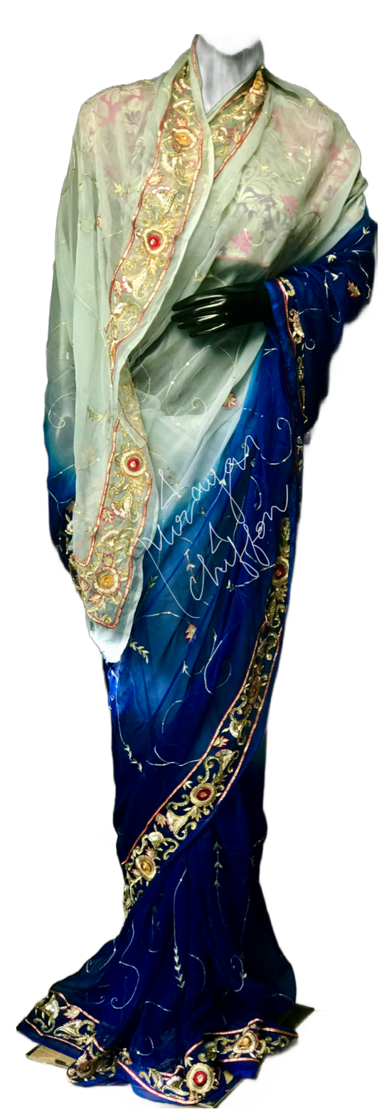 Blue Shaded Aari Zardoji Border Jaal Miraya Chiffon Sarees