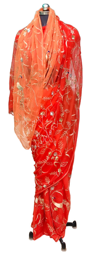 Orange Shaded Aari Zardoji Jaal Miraya Chiffon Sarees