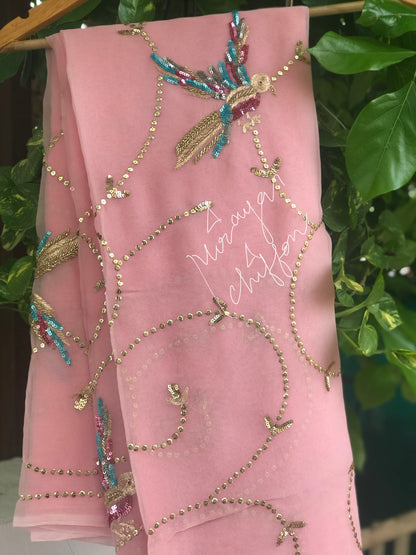 Peach Bird Motifs Jaal Miraya Chiffon Sarees