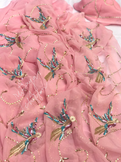 Peach Bird Motifs Jaal Miraya Chiffon Sarees