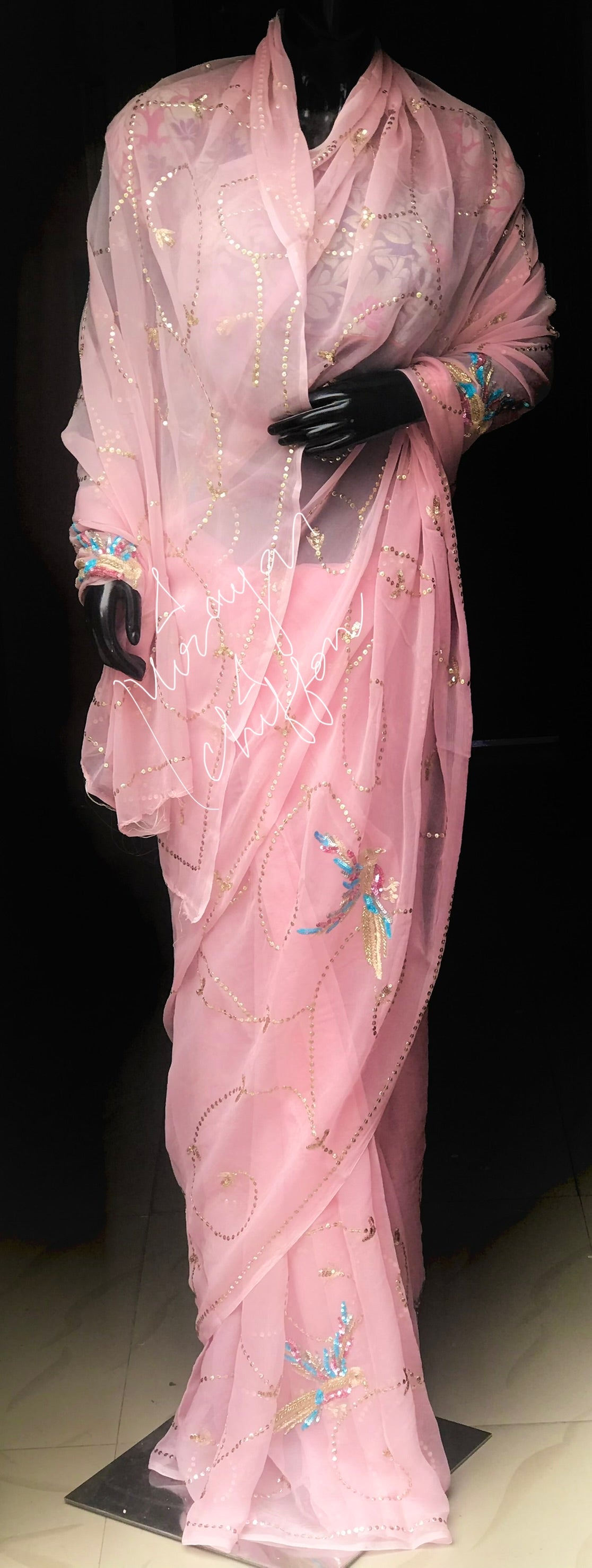 Peach Bird Motifs Jaal Miraya Chiffon Sarees