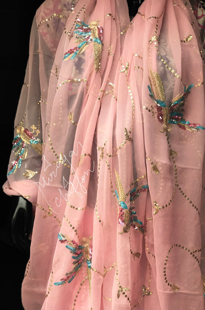 Peach Bird Motifs Jaal Miraya Chiffon Sarees