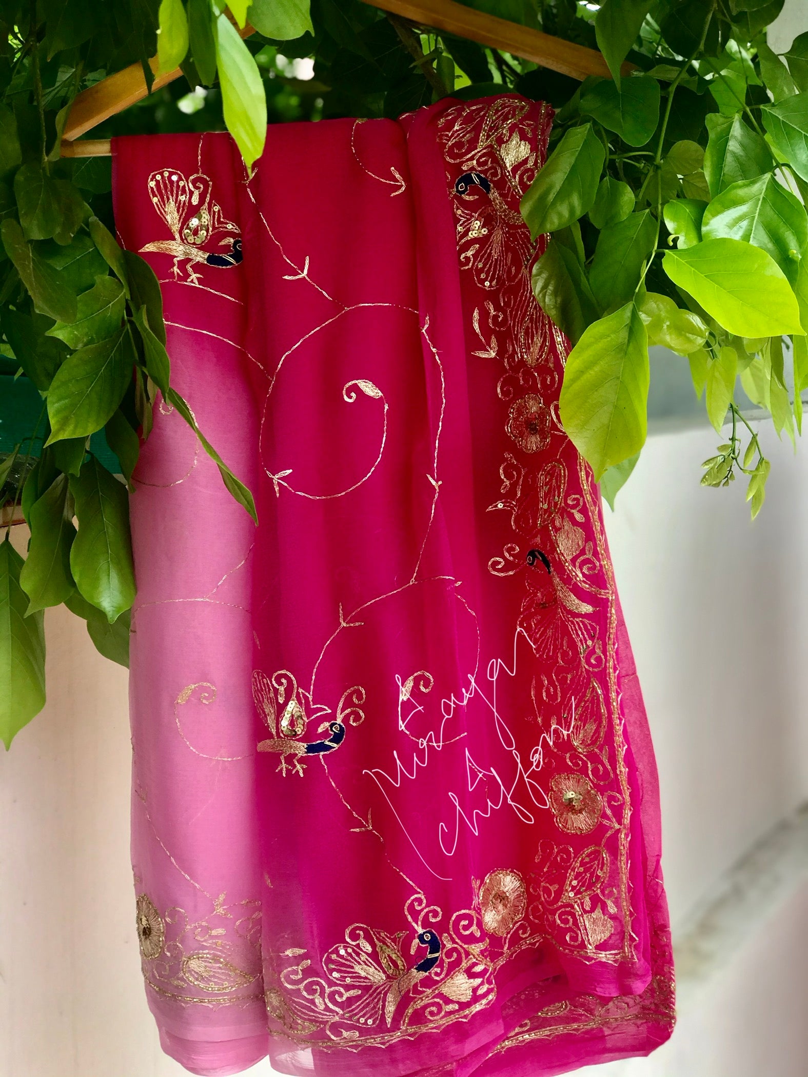 Pink Shaded Aari Sequins Jaal Miraya Chiffon Sarees