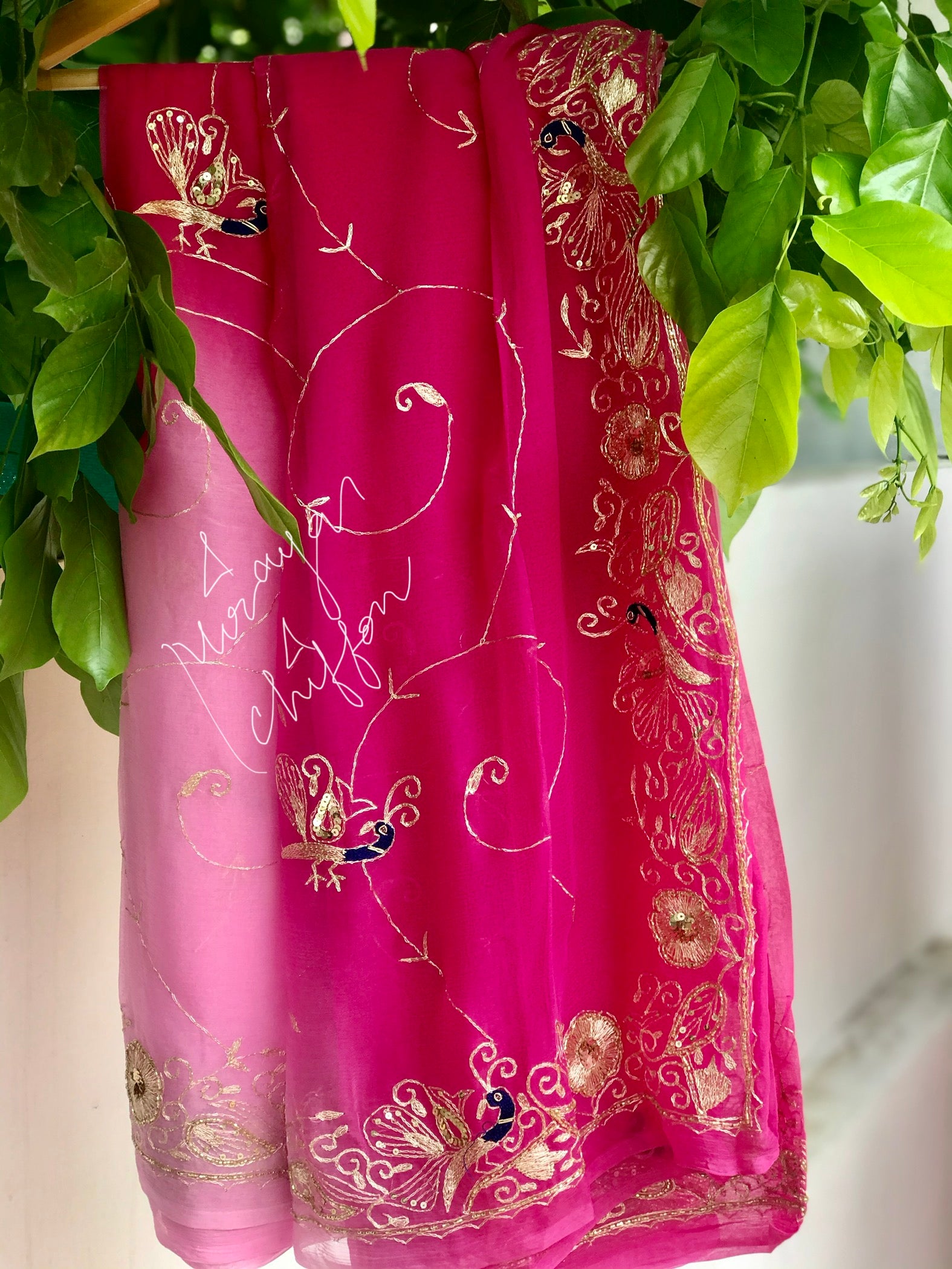 Pink Shaded Aari Sequins Jaal Miraya Chiffon Sarees