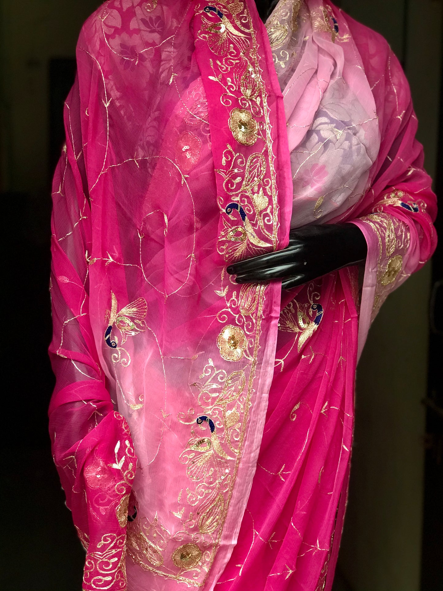 Pink Shaded Aari Sequins Jaal Miraya Chiffon Sarees