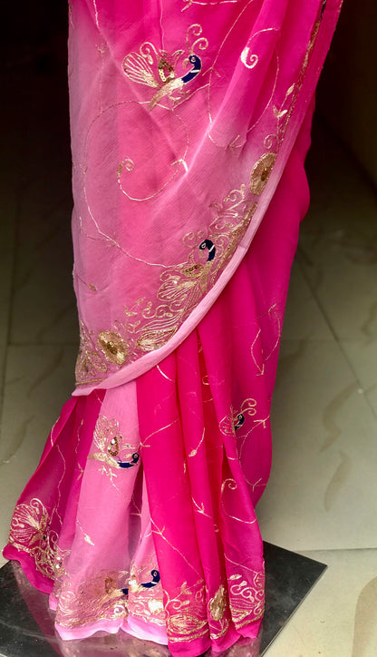 Pink Shaded Aari Sequins Jaal Miraya Chiffon Sarees