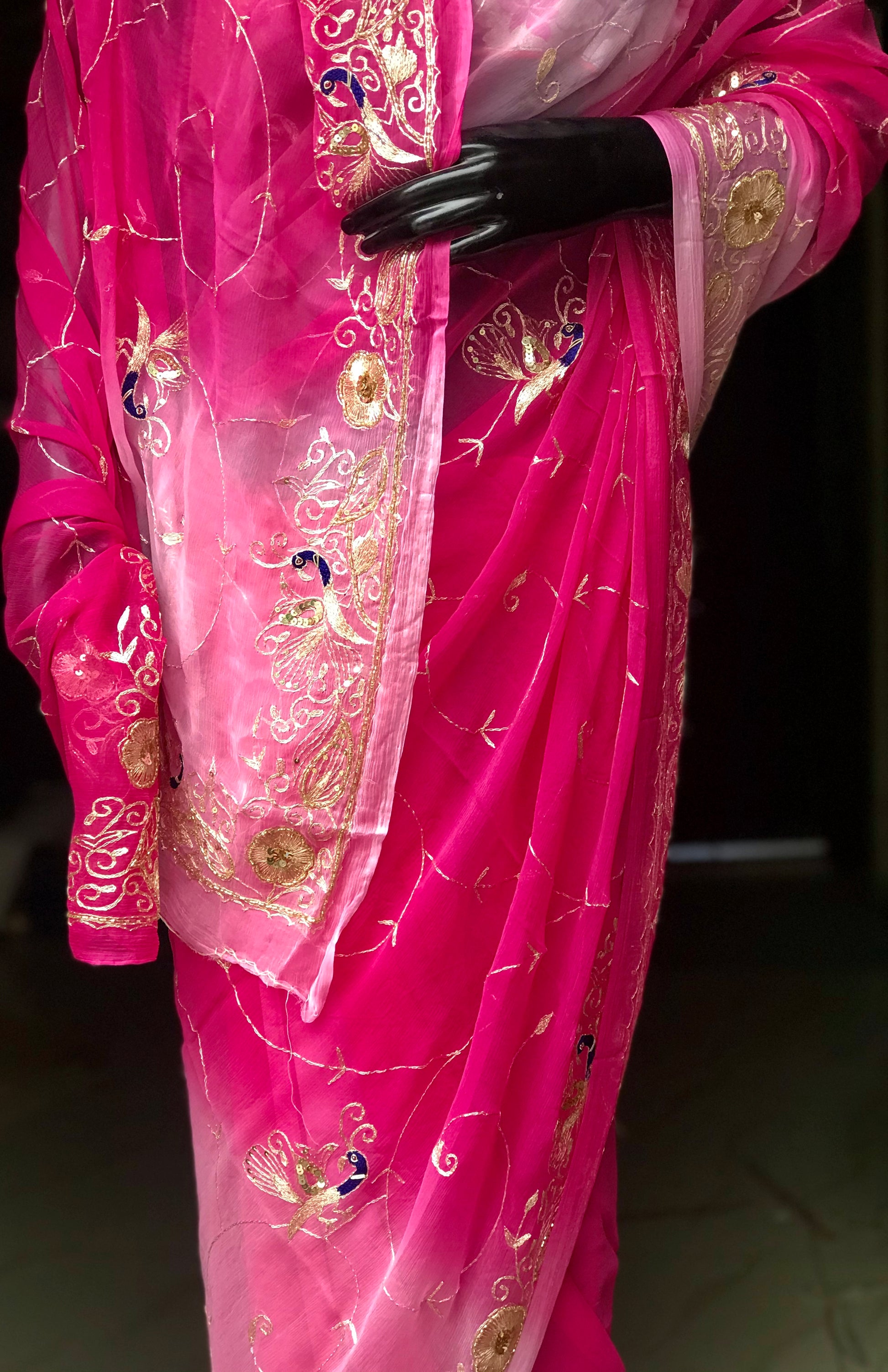 Pink Shaded Aari Sequins Jaal Miraya Chiffon Sarees