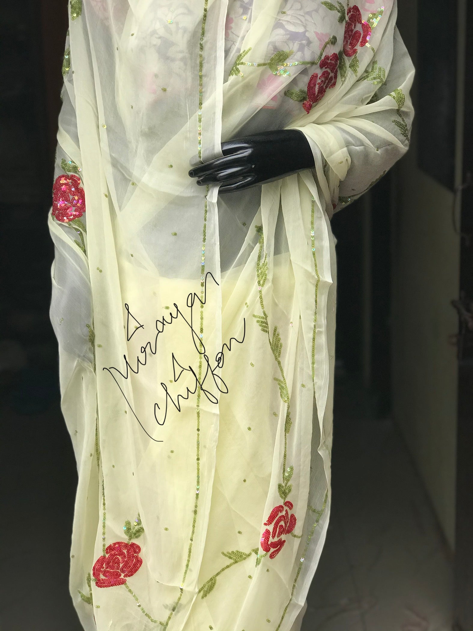 Cream Sequins Jaal Miraya Chiffon Sarees