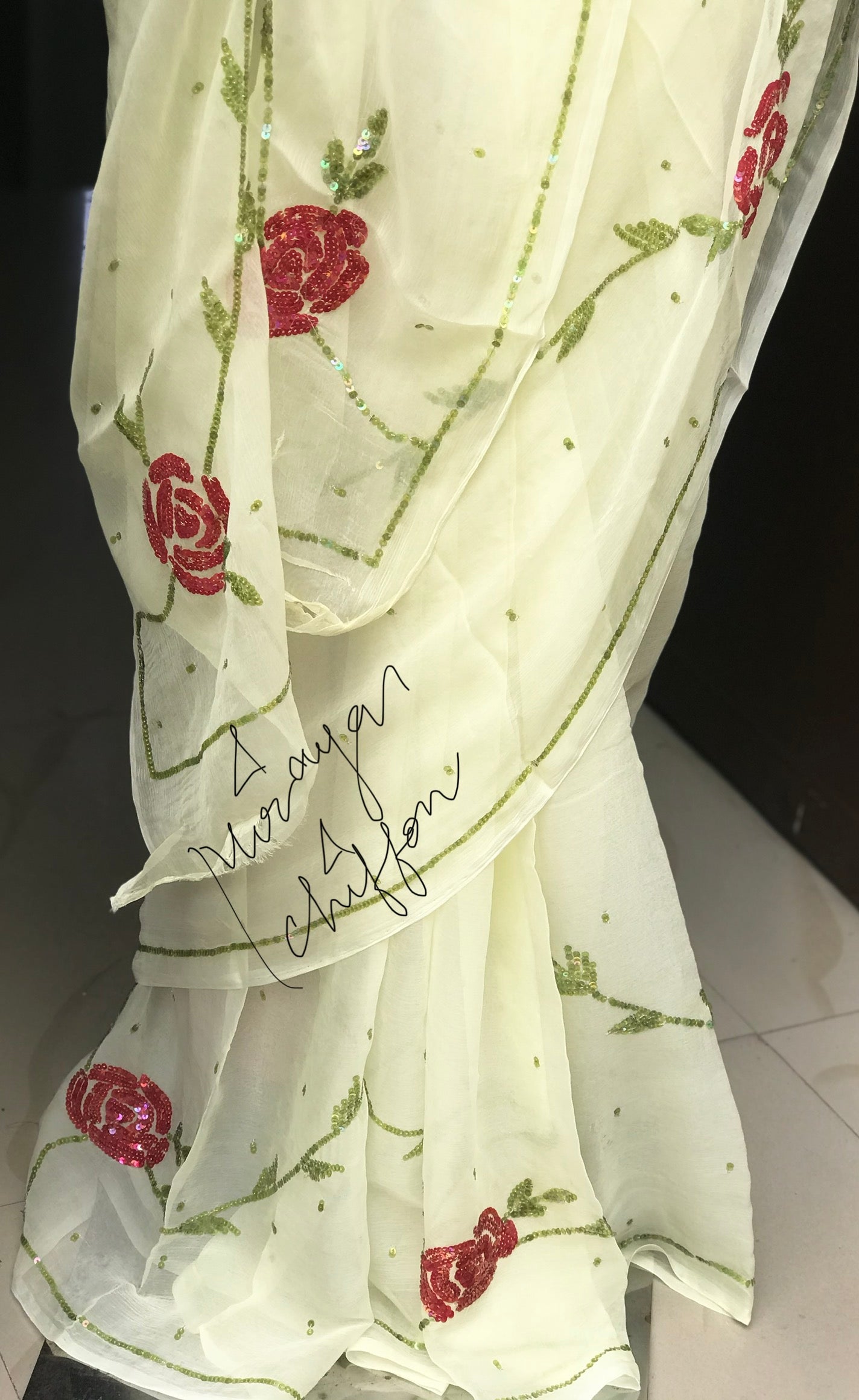 Cream Sequins Jaal Miraya Chiffon Sarees