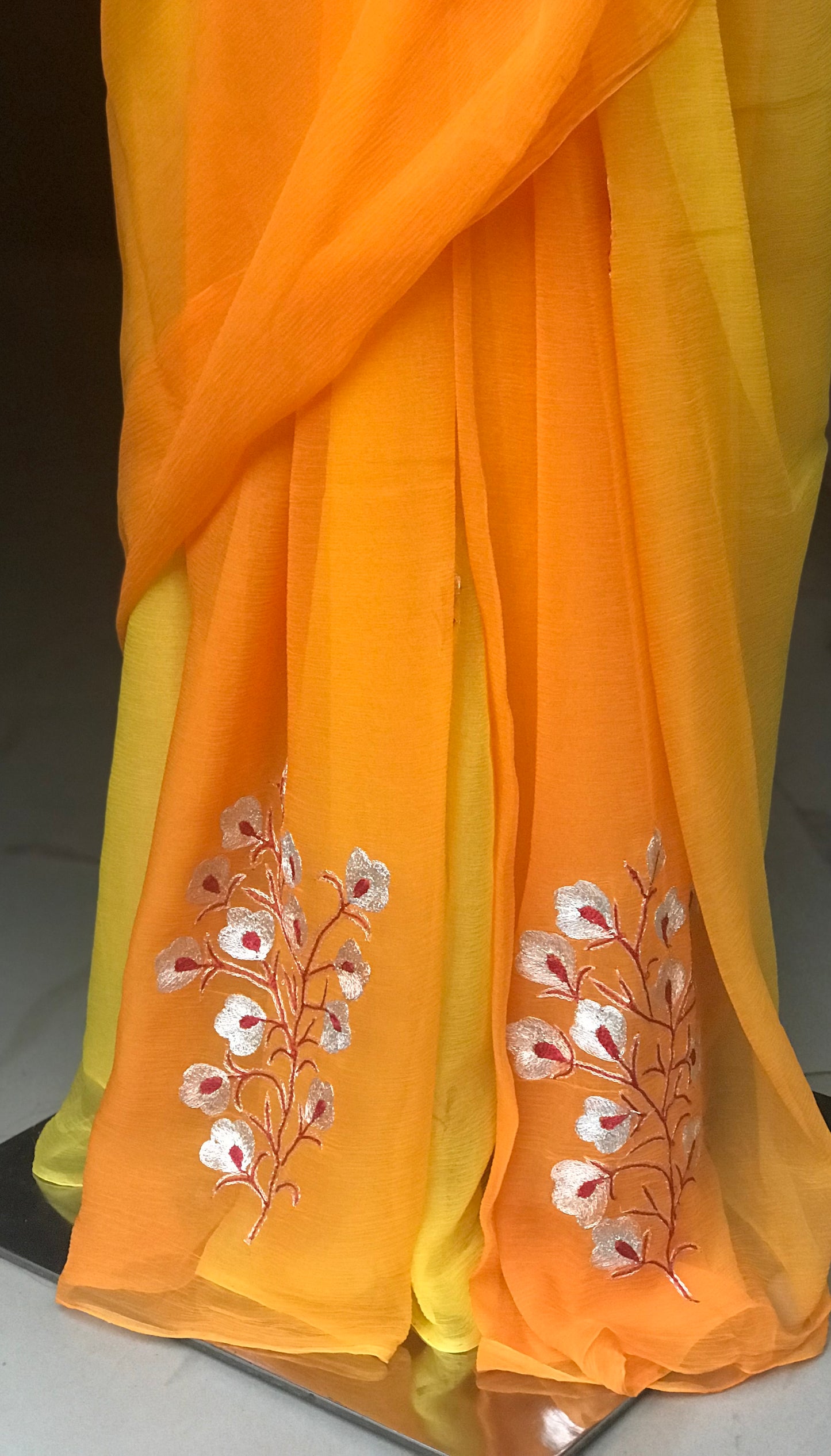 Yellow Shaded Aari Thread Motifs Miraya Chiffon Sarees