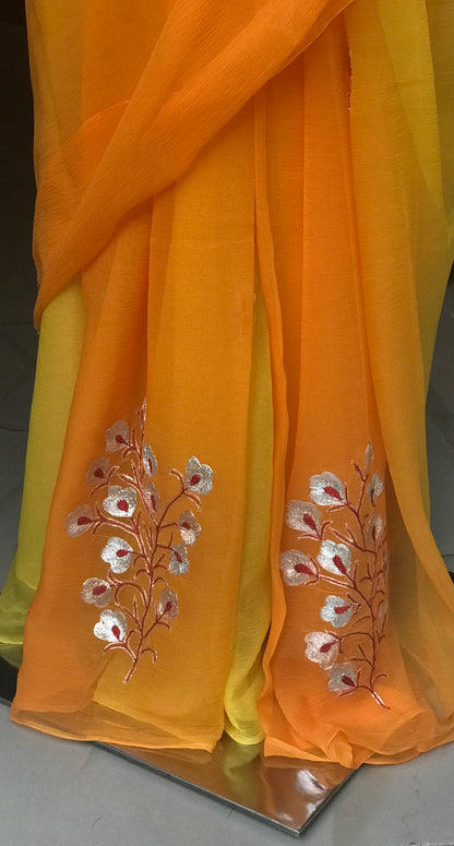 Yellow Shaded Aari Thread Motifs Miraya Chiffon Sarees