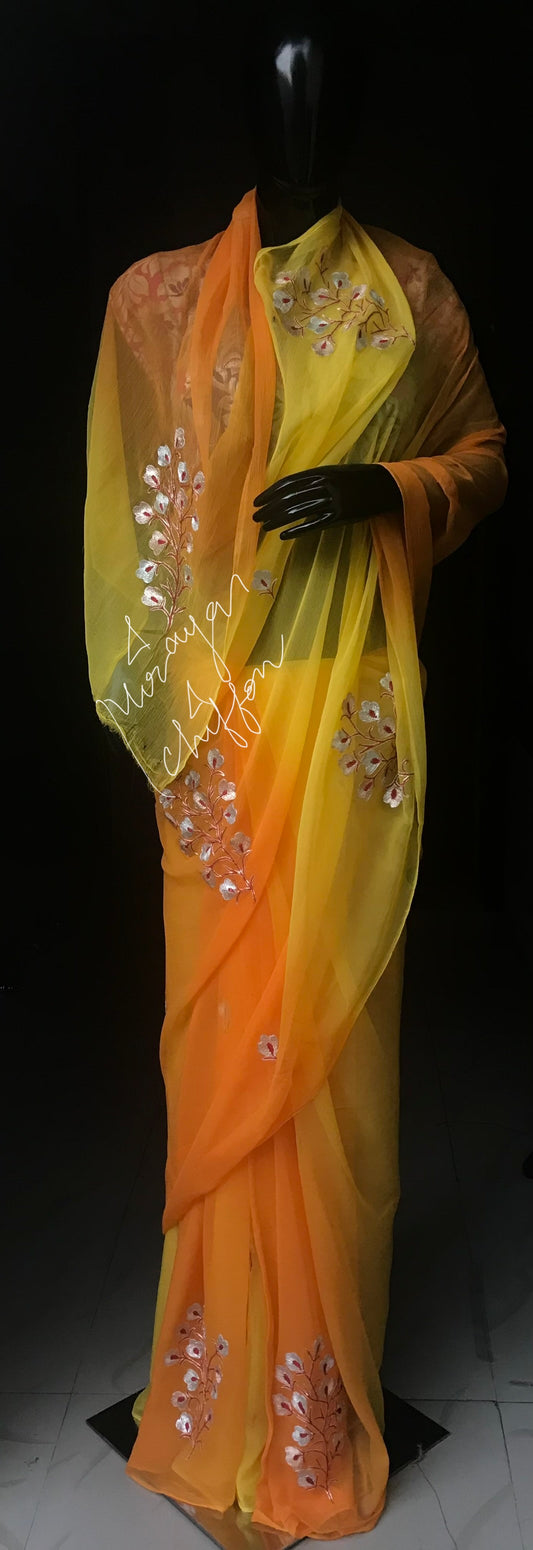 Yellow Shaded Aari Thread Motifs Miraya Chiffon Sarees