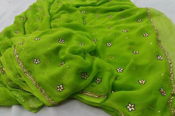 Parrot Green Cutdana Work Miraya Chiffon Sarees