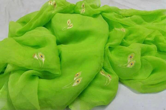 Parrot Green Aari Pankh Motifs Miraya Chiffon Sarees