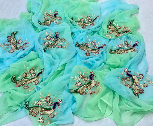 Sky blue shaded peacock motifs